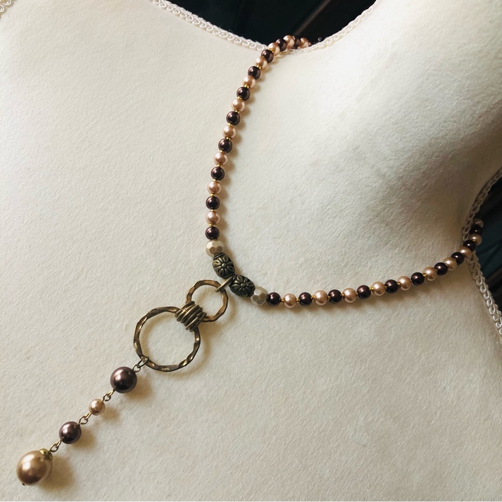 Handcrafted repurpose chocolate brown & tan dangle Czech glass Pearl necklace